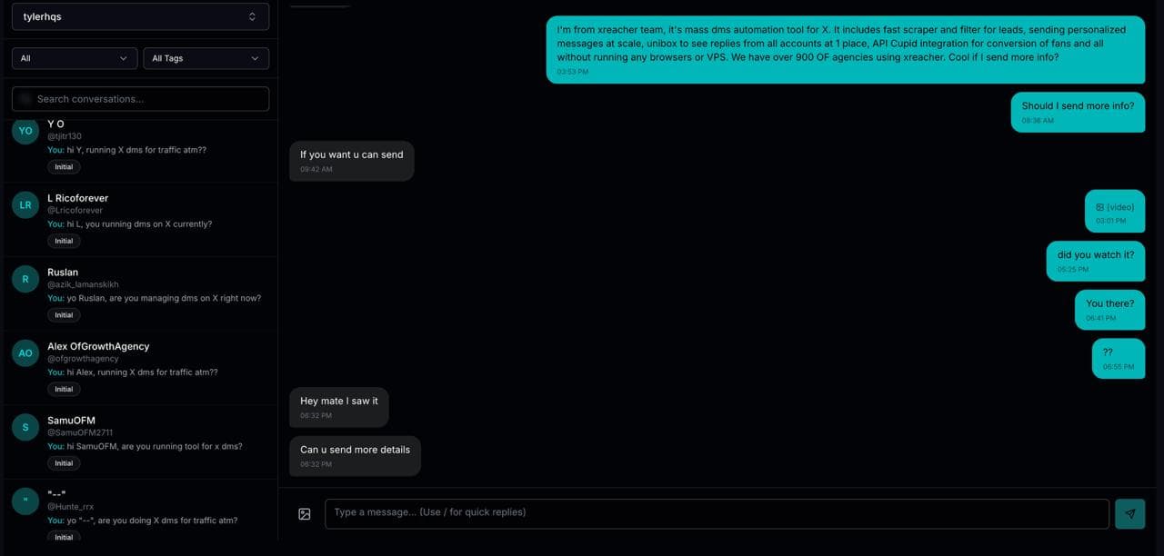 Telegram AI outreach message setup in Xreacher